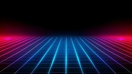 The image contains a grid pattern on a dark background, illuminated by bright blue and pink neon lights creating a retro, futuristic vibe.