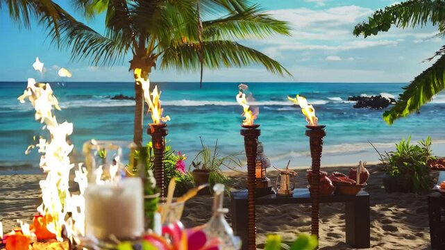 A vibrant Hawaiian luau birthday party on the beach with tiki torches lighting up the evening and a stunning ocean backdrop in the distance