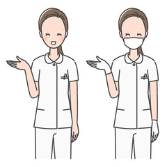 Fototapeta premium イラスト素材:笑顔で案内する看護師・ナース・歯科スタッフ（医療マスク・グローブあり・なしセット）