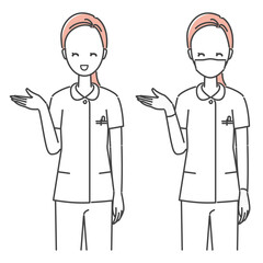 イラスト素材:笑顔で案内する看護師・ナース・歯科スタッフ（モノトーン、シンプル）
