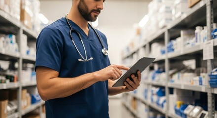 Male healthcare professional using a digital tablet for inventory management in a medical supply warehouse.