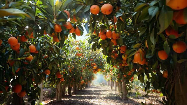 An orange grove in full bloom with ripe fruit ready for harvest under bright sunlight, showcasing vibrant trees and bountiful oranges during a warm afternoon