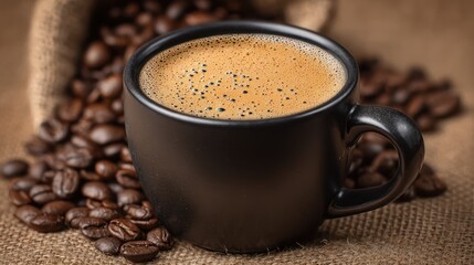 Aromatic Morning Ritual: A captivating close-up of a freshly brewed coffee cup, surrounded by a cascade of roasted coffee beans and a textured sack, promising an invigorating start to the day.