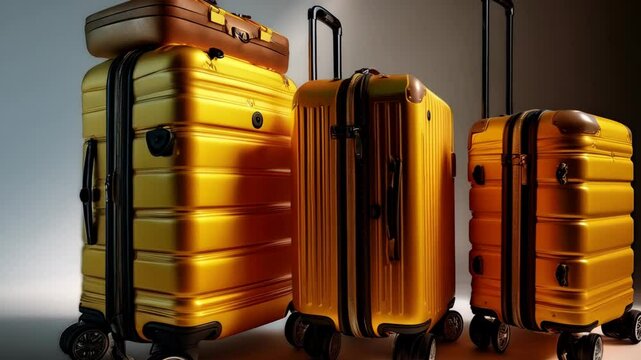 Shiny gold luggage collection with rolling suitcases for travel and transport
