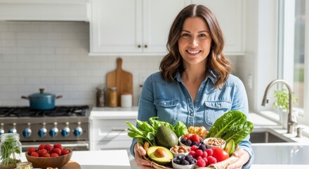 Smiling woman holding a basket of fresh healthy food in a bright kitchen