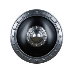 A round, metallic speaker featuring a shiny center and decorative rim with studded details. transparent background