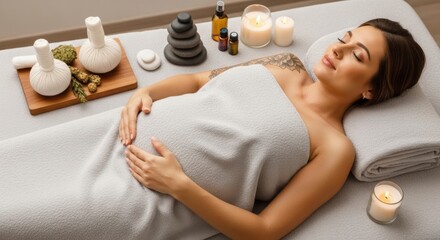 Pregnant woman relaxing on a spa massage table surrounded by wellness items
