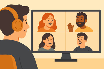 People on video call in grid layout, speaking, listening, smiling