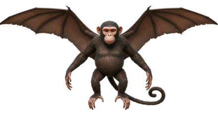 Isolated Winged Chimpanzee with Dark Fur and Detailed Wings