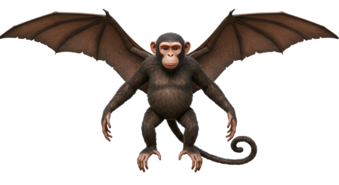 Isolated Winged Chimpanzee with Dark Fur and Detailed Wings