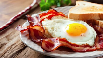 Enjoying a morning breakfast featuring crispy bacon, perfectly cooked eggs, and toast served on a plate, perfect for starting the day with a delicious meal - Powered by Adobe