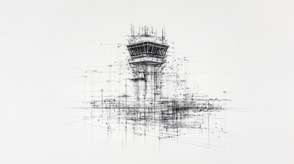 Design of a futuristic air traffic control tower in a minimalist style showcasing intricate geometric patterns and lines