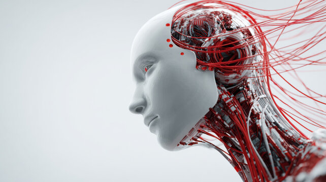 Artificial intelligence face concept with digital human head and data lines, 3D render