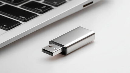 Fototapeta premium A metallic USB flash drive resting beside a laptop keyboard, highlighting data storage and technology