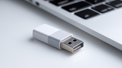 A close-up shot of a USB flash drive positioned on a laptop keyboard, symbolizing data storage and technology