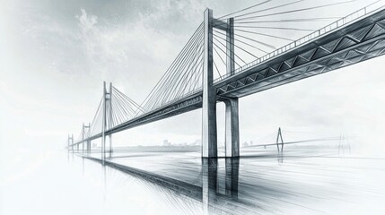 Modern cable-stayed bridge spans a serene river landscape with reflections during early morning light