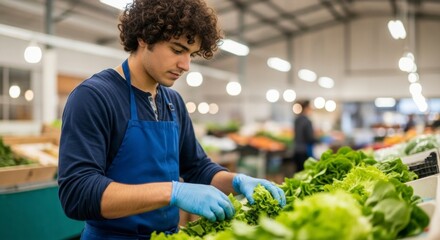 Young man in blue apron and gloves sorting fresh green lettuce at a market