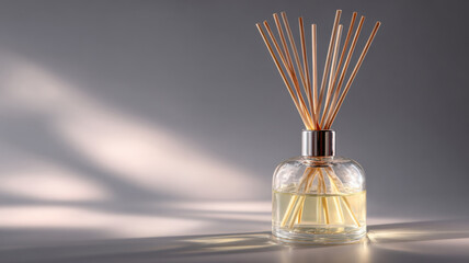 Fototapeta premium Elegant aroma diffuser with wooden reeds in natural light, casting shadows on the backdrop