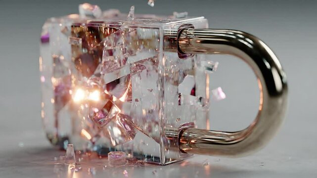 3D render of a shattered padlock with golden shackle and broken glass look