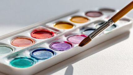 Close-up of watercolor paint set with a paintbrush, ready for painting