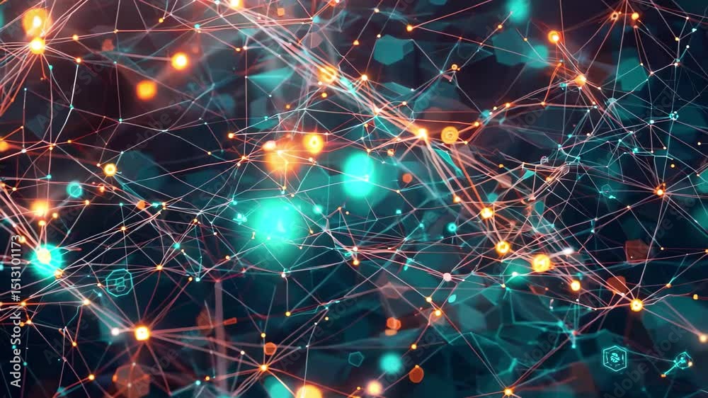 Poster abstract illustration of data flowing through a network of interconnected points and lines in a vibr