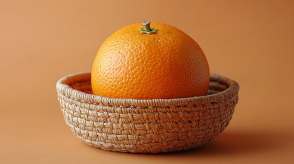 Studio Still Life of a Navel Orange in a Rustic Woven Basket on a Copper-Toned Backdrop, Showcasing Freshness and Natural Textures