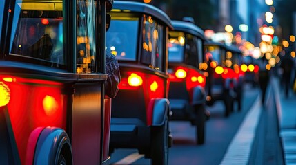 Close up of electric-powered pedicabs offering eco-friendly transport options in cities, reducing carbon emissions while providing an alternative to traditional taxis and bikes