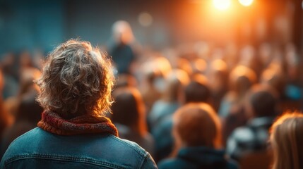 A person stands in a crowd, facing a brightly lit stage or speaker at an indoor event or conference.