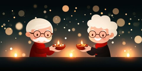 Naklejka premium Two elderly cartoon characters holding oil lamps together, surrounded by glowing lights and festive ambiance.