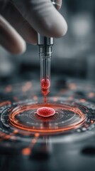 Obraz premium A gloved hand uses a dropper to place a red liquid onto a futuristic, high-tech surface with digital elements.