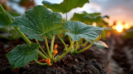 Young squash plants with vibrant green leaves and yellow blossoms growing in rich soil at sunset.