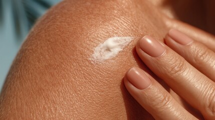 Fototapeta premium A hand applies sunscreen lotion to a sun-kissed shoulder, highlighting healthy skin care under natural light.