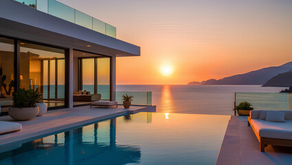 Fototapeta premium Golden sunset reflects on the tranquil water at the beach, with the distant pier silhouetted against the vibrant evening sky