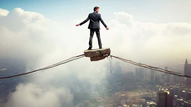 Businessman skillfully walking a tightrope to symbolize financial balance in a city skyline during a foggy morning, demonstrating the challenges of modern entrepreneurship