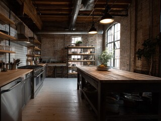 Industrial style kitchen with large wooden island.