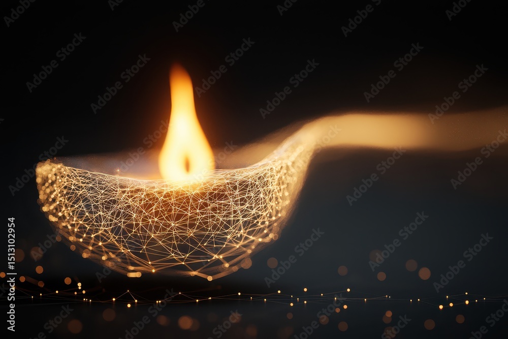 Poster a digital rendering of a glowing oil lamp made from interconnected lines and dots, emitting a warm f