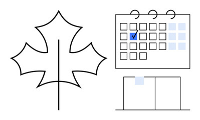 Maple leaf outline paired with calendar featuring highlighted date and two-column blank notepad. Ideal for scheduling, nature-inspired planning, seasonal events, holidays, organization, time