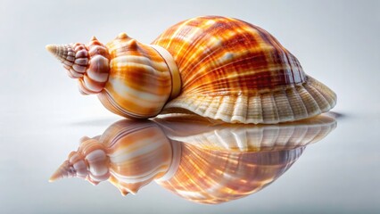 Obraz premium Seashell Reflection, White Background, Rule of Thirds Photography, Coastal Still Life, Monochromatic Seashell Image