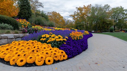 Autumnal Park Pathway with Yellow and Purple Chrysanthemums