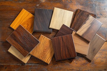 Various wood flooring samples displayed on rustic wood
