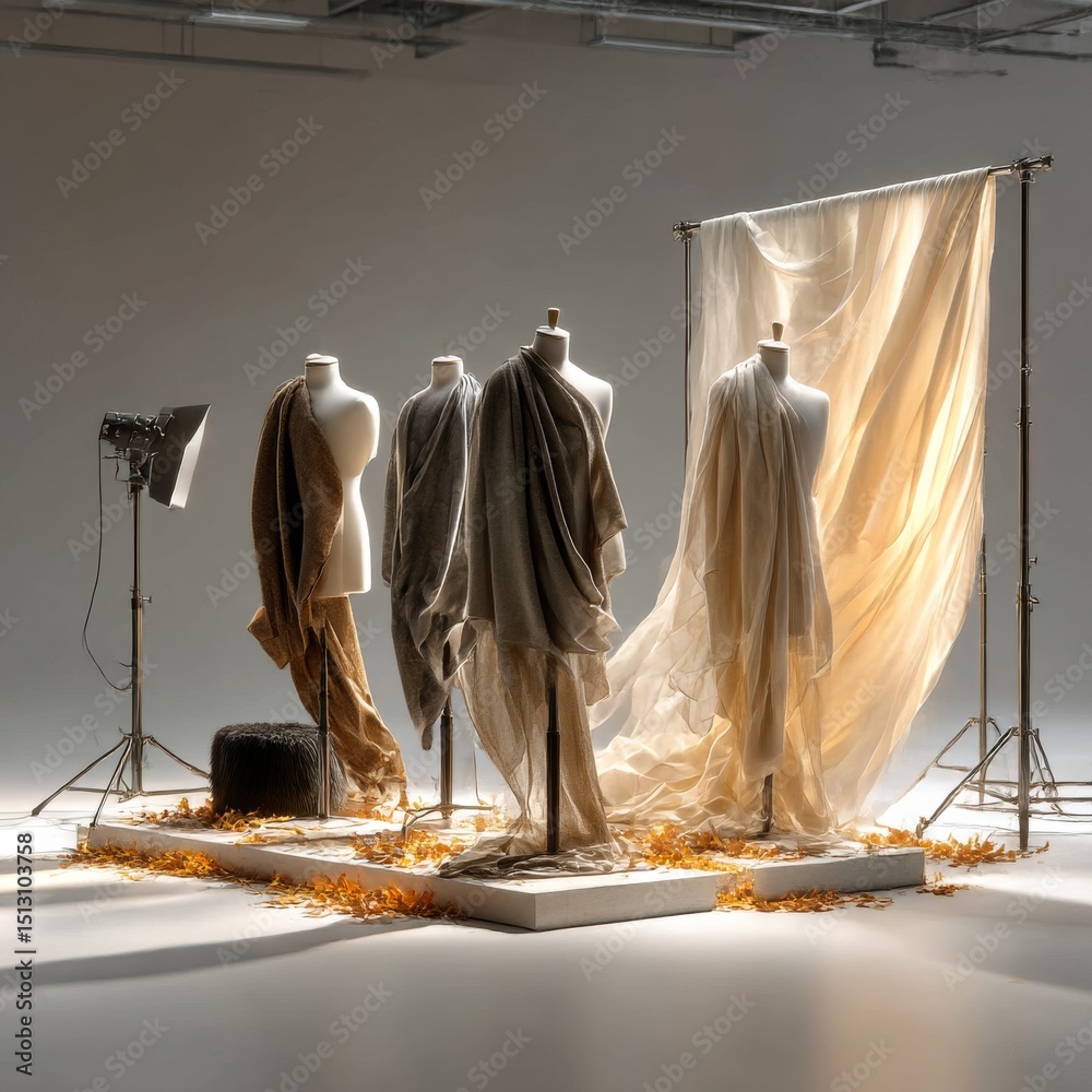 Poster ethereal elegance: mannequins in studio, draped in flowing fabrics, illuminated by soft, cinematic l