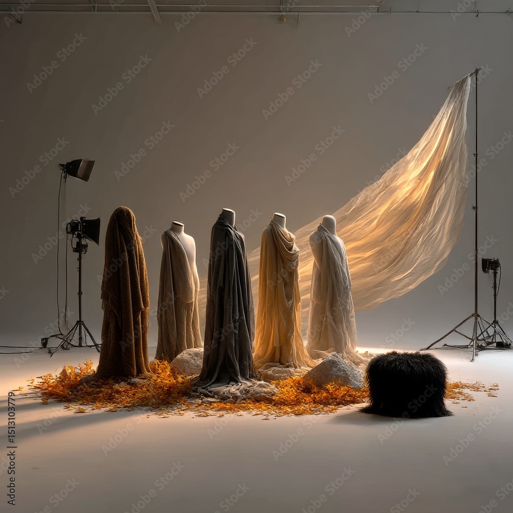 Poster ethereal studio: abstract fashion showcase with draped figures and autumnal textures illuminated by 