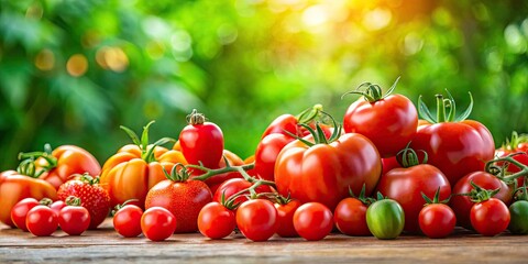 Ripe Tomatoes on White Table, Green Background - Vibrant Summer Harvest Photography