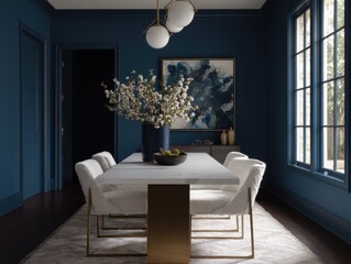 Contemporary dining room with deep blue walls and a white marble table.
