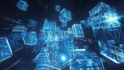 A vast glowing digital canyon night, blue terrain geometric grids wireframes, cubes air data packets. canyon's core, levitating cube vault fractals decentralized quantum blockchain hub data crypto - Powered by Adobe