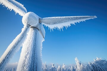 A wind turbine stands frosted with ice against bright blue sky. Showcasing renewable energy, winter weather, or climate challenges.