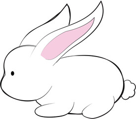 simple line drawing of a white rabbit with pink inner ears and a fluffy tail.