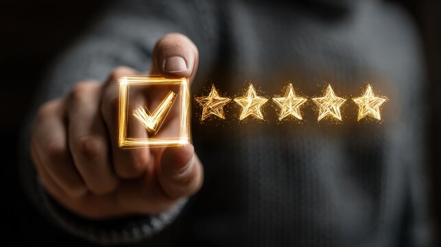 Five-Star Rating: A close-up shot shows a person's hand interacting with a glowing interface, selecting a check mark in a box next to five radiant stars.