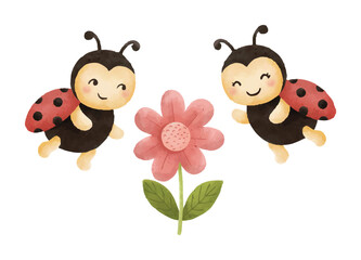 Cute Ladybugs and Flower &ndash; Watercolor Style Insect Illustration for Kids