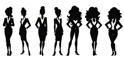 Collection of silhouettes of Businesswomen with different model styles, wearing dark blue skirt suits and black high heels, on a white background.